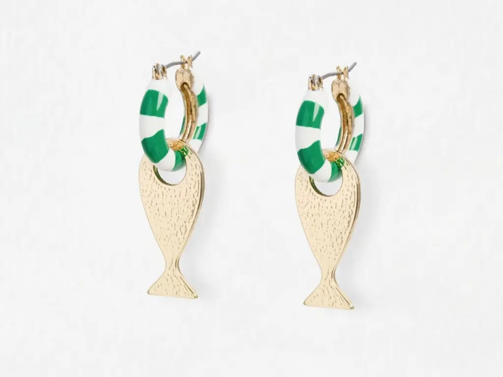 Quinsey green and white striped fish hoop earrings